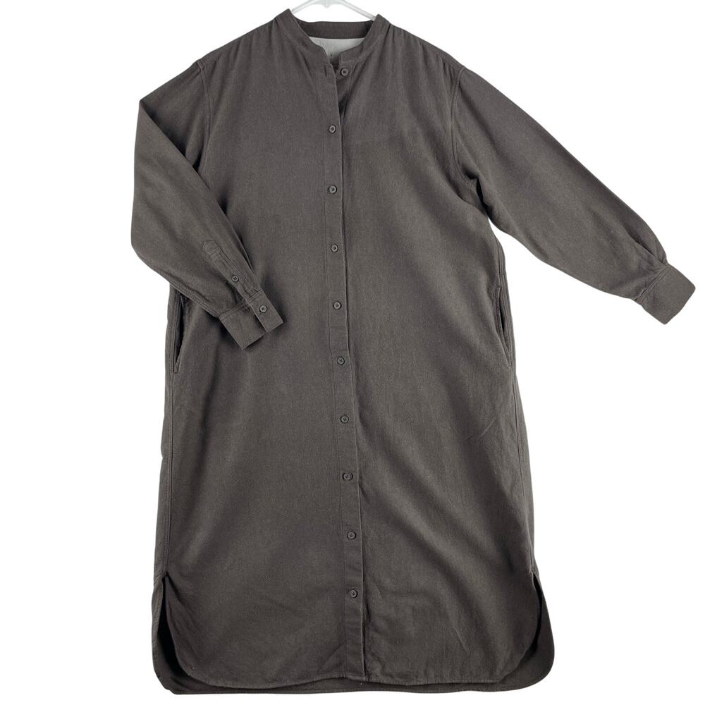 MUJI Womens Flannel Stand Collar Long Sleeve Shirt Dress SZ S Brown Cotton Maxi